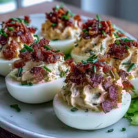 BLT Deviled Eggs with Crispy Bacon Crumbles on a platter, garnished with shredded lettuce and diced tomatoes for a colorful, savory appetizer.