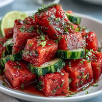 Diced watermelon cucumber salad with Tajin and lime, bursting with summer freshness.