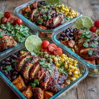 Smoky BBQ chicken meal prep bowls with vibrant sweet potato and fresh toppings.