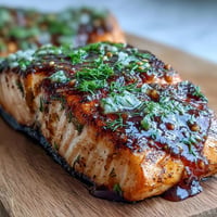 Juicy Cedar Plank Salmon with sticky maple Dijon glaze, ready to serve.