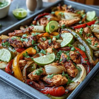 Sheet pan chicken fajitas with colorful peppers, hot from the oven for serving.